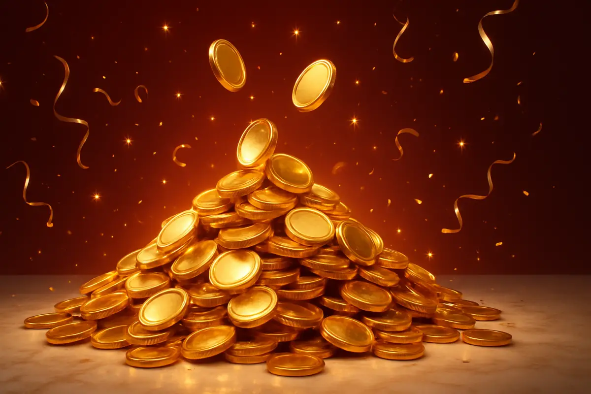 casino-general — pile of gleaming gold coins with sparkling star particles
