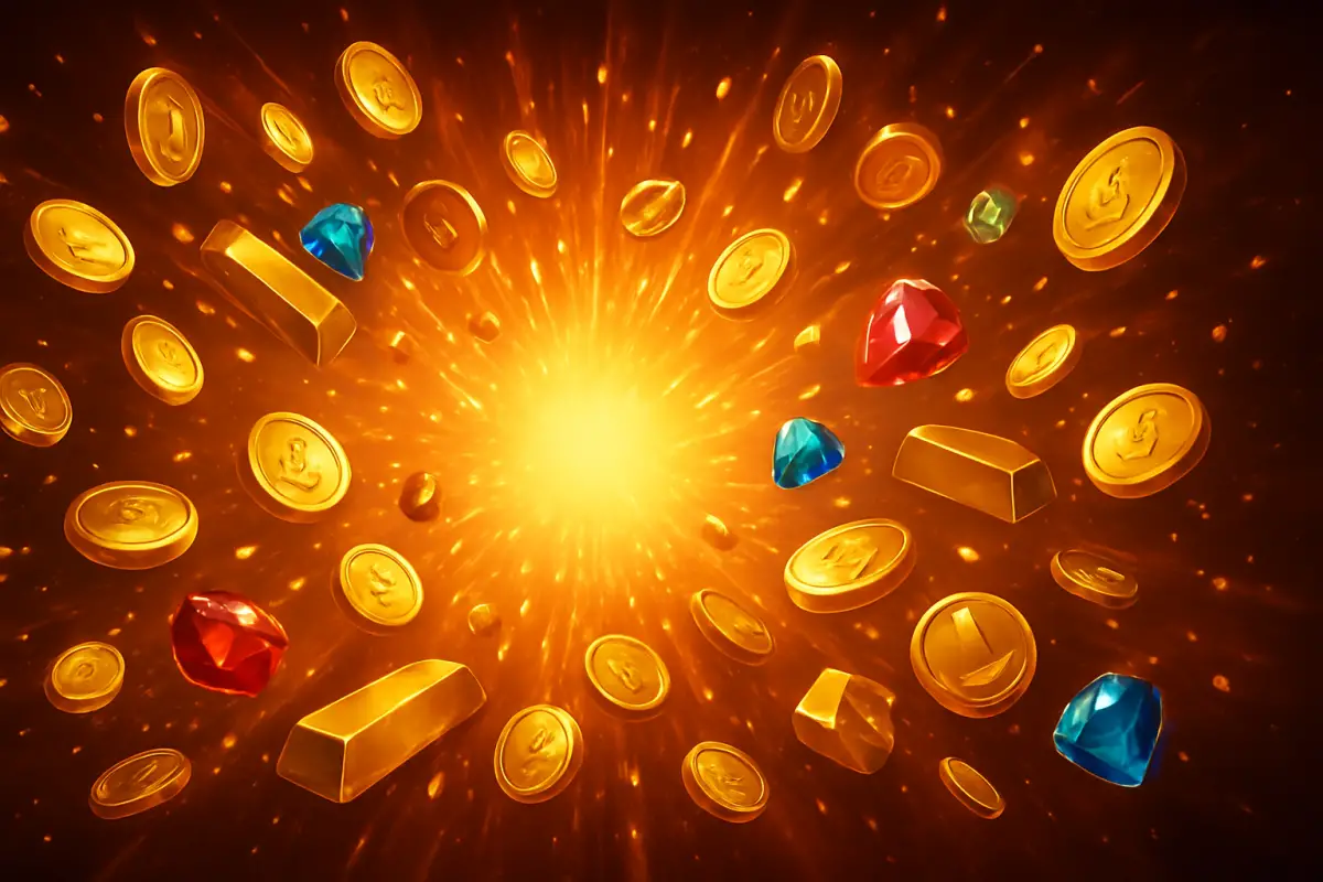 casino-general — dramatic burst of gold coins and gems — abstract big-win celebration