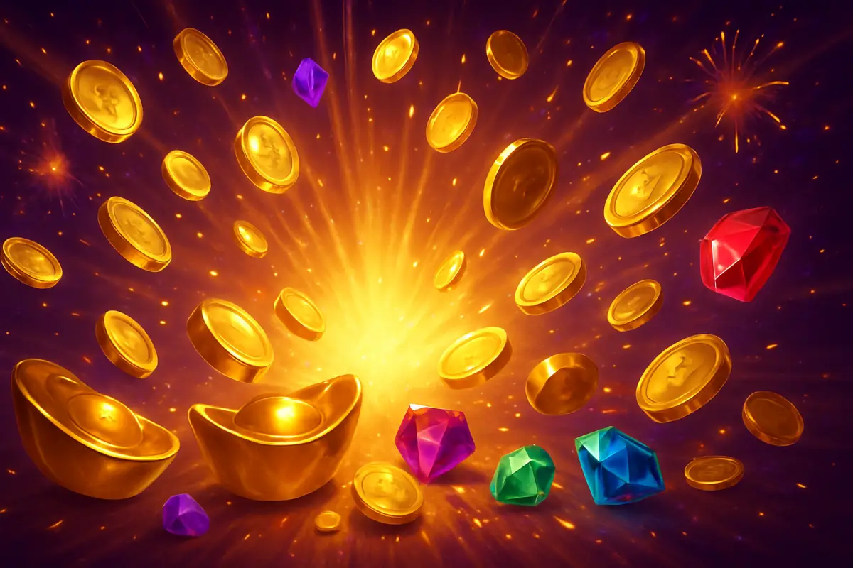 casino-general — dramatic burst of gold coins and gems — abstract big-win celebration