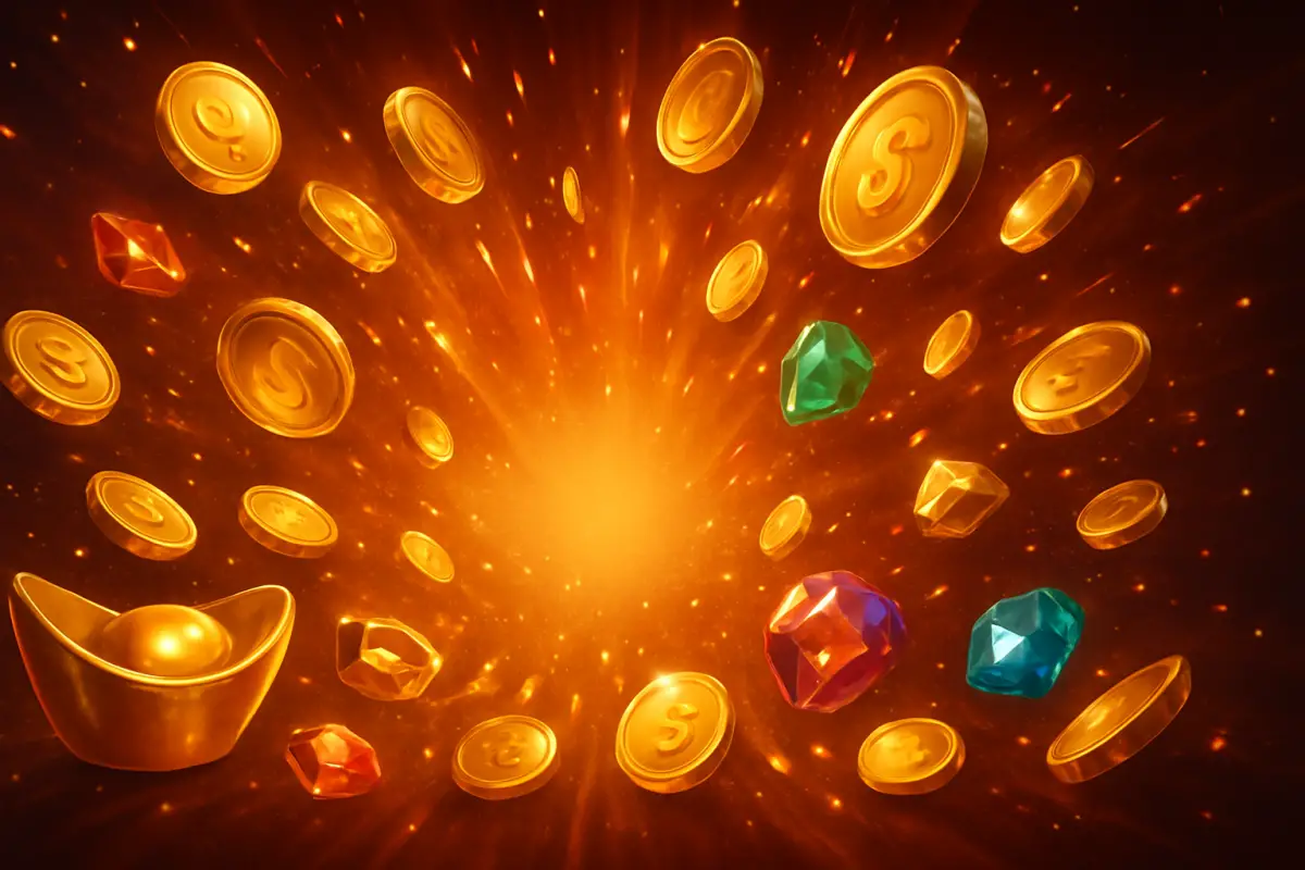 casino-general — dramatic burst of gold coins and gems — abstract big-win celebration