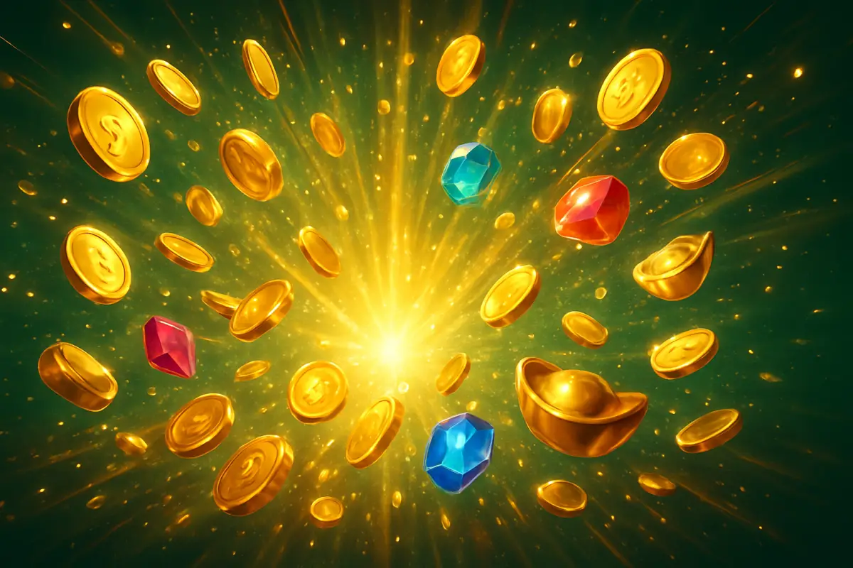slots — dramatic burst of gold coins and gems — abstract big-win celebration