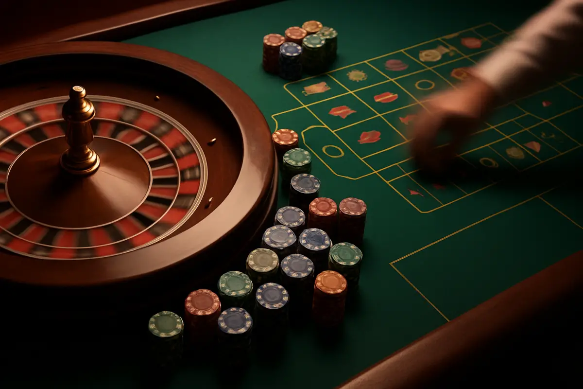 casino-general — overhead view of a roulette table with a spinning wheel and casino chips
