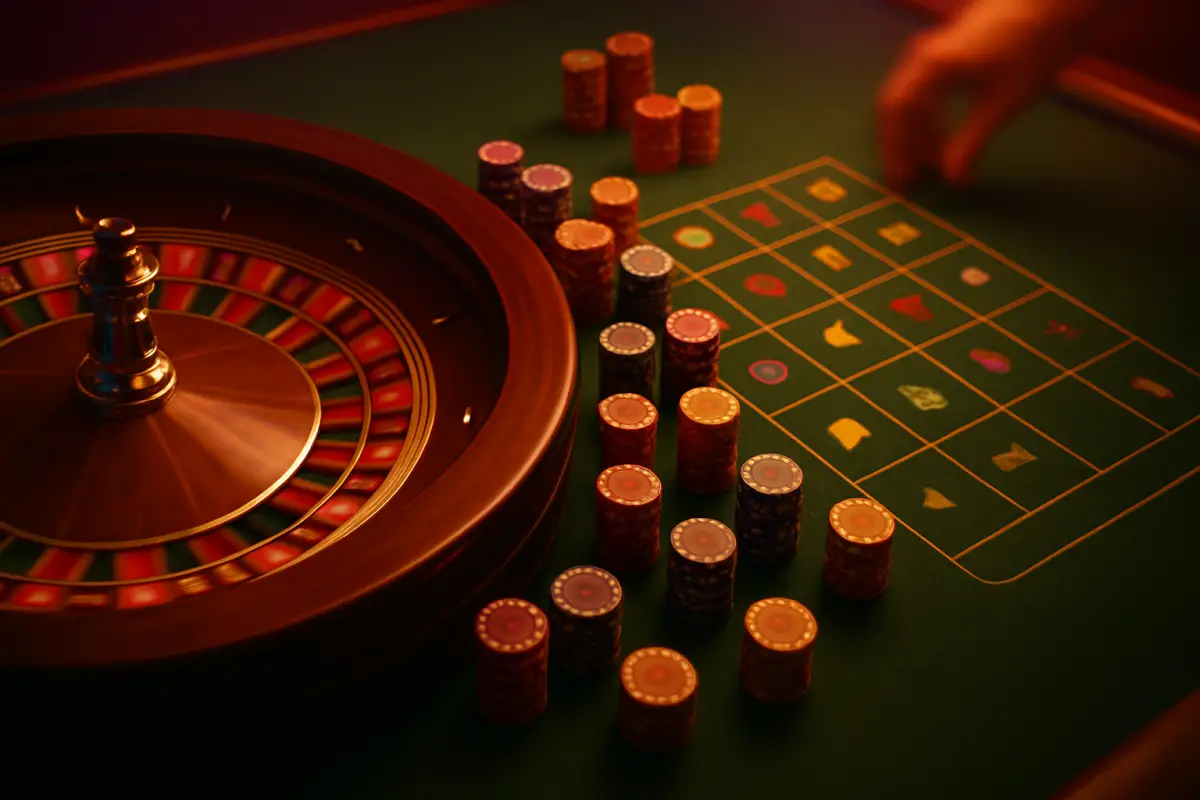 casino-general — overhead view of a roulette table with a spinning wheel and casino chips