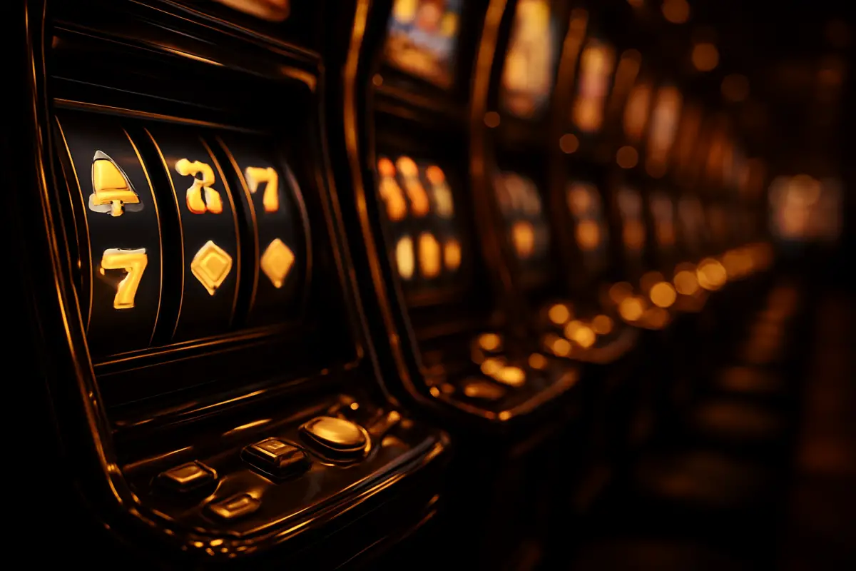 casino-general — long row of glowing slot machines with reels showing abstract symbols