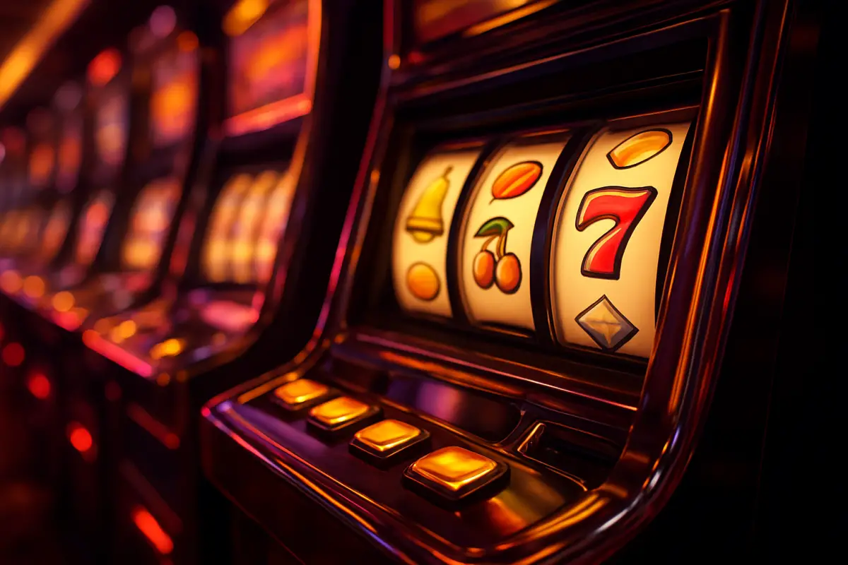 casino-general — long row of glowing slot machines with reels showing abstract symbols