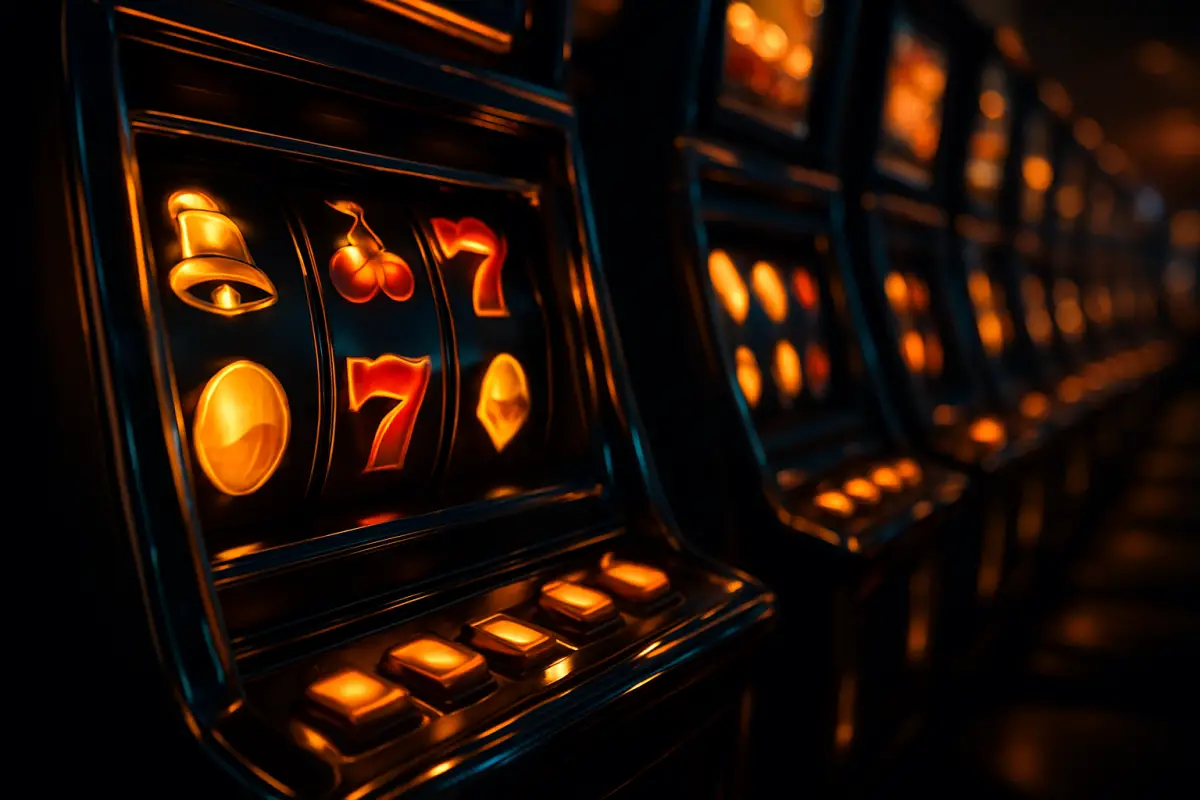 casino-general — long row of glowing slot machines with reels showing abstract symbols