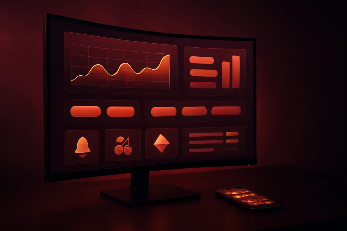 casino-general — curved monitor showing abstract sportsbook interface with graphs and buttons