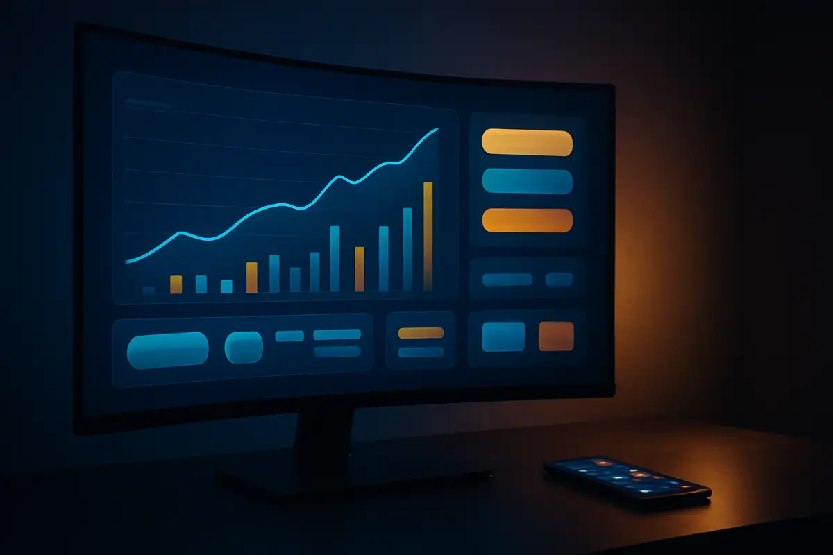 live-casino — curved monitor showing abstract sportsbook interface with graphs and buttons
